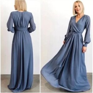 Baltic Born Lydia Maxi Dress Small Slate Blue Long Sleeve Formal Elegant Event